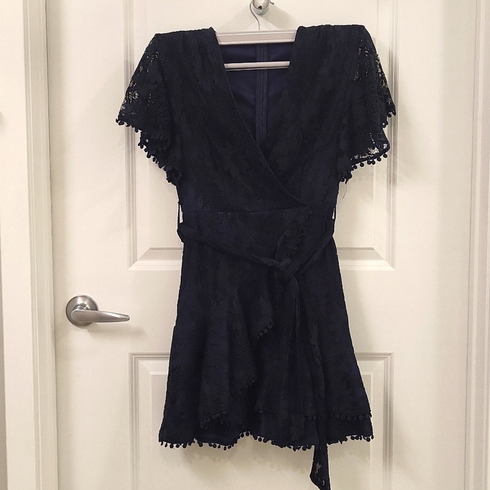 Sleeve faux wrap dress navy lace